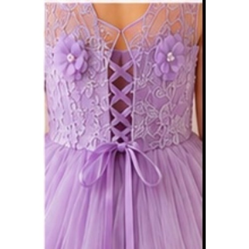 Girls Lavender High Low Flower Girl Dress Lace Tulle Pageant Wedding Train - Picture 4 of 9